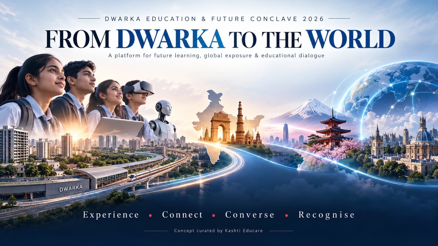 Students wearing a VR headset beside a robot, with a skyline stretching from Dwarka to Delhi landmarks, Mount Fuji and beyond — From Dwarka to the World, Dwarka Education & Future Conclave 2026